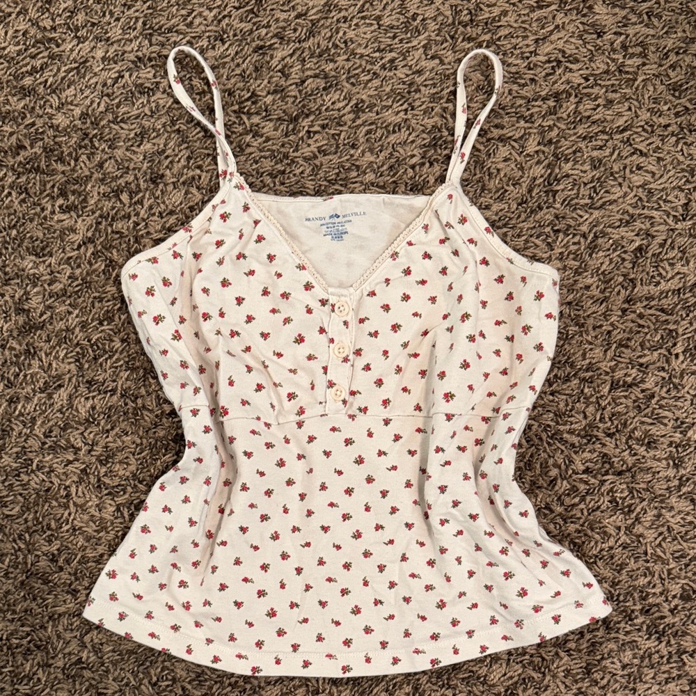 Brandy Melville Cream button tank with red and green floral pattern